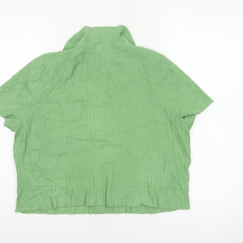 H&M Women Green L Ribbed Knit Collared Short Sleeve Button-Up Top