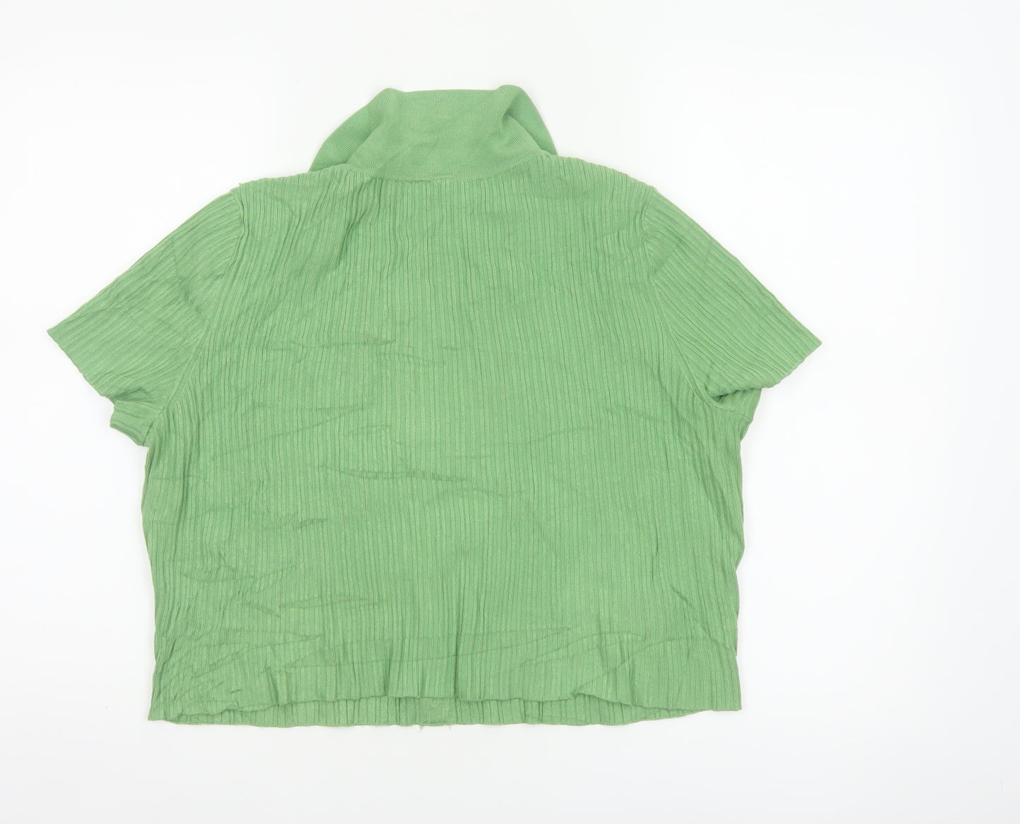 H&M Women Green L Ribbed Knit Collared Short Sleeve Button-Up Top