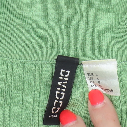 H&M Women Green L Ribbed Knit Collared Short Sleeve Button-Up Top