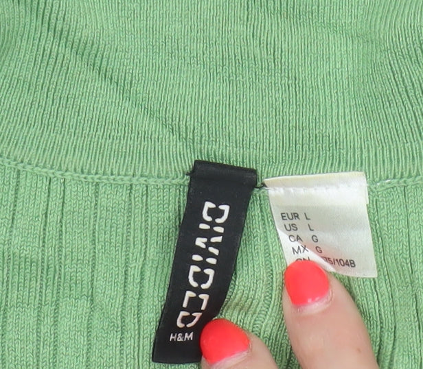 H&M Women Green L Ribbed Knit Collared Short Sleeve Button-Up Top