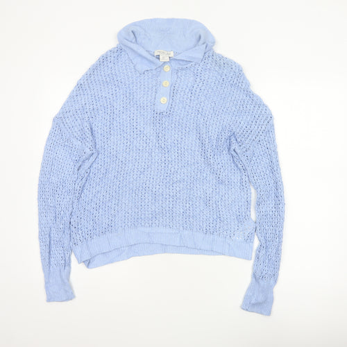 Rachel Zoe Women’s Blue L Open Knit Cowl Neck Henley Jumper