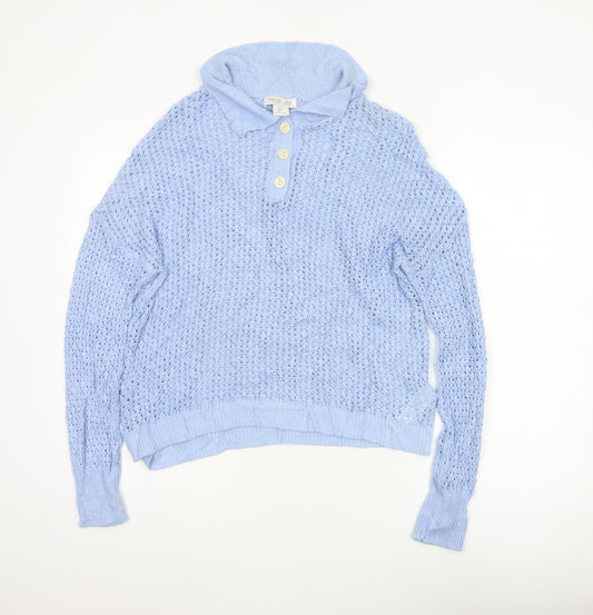 Rachel Zoe Women’s Blue L Open Knit Cowl Neck Henley Jumper