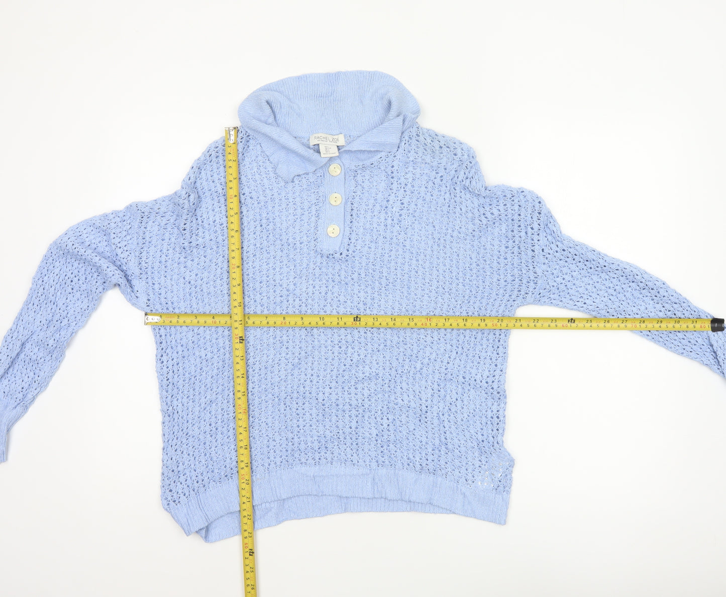 Rachel Zoe Women’s Blue L Open Knit Cowl Neck Henley Jumper