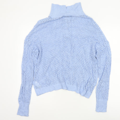 Rachel Zoe Women’s Blue L Open Knit Cowl Neck Henley Jumper