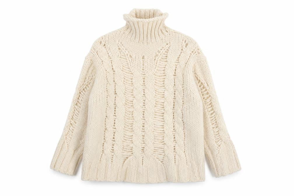 Front view of Zara Women Ivory L Cable Knit Roll Neck Chunky Jumper