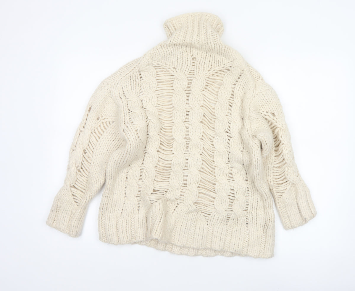Close-up detail of Zara Women Ivory L Cable Knit Roll Neck Chunky Jumper