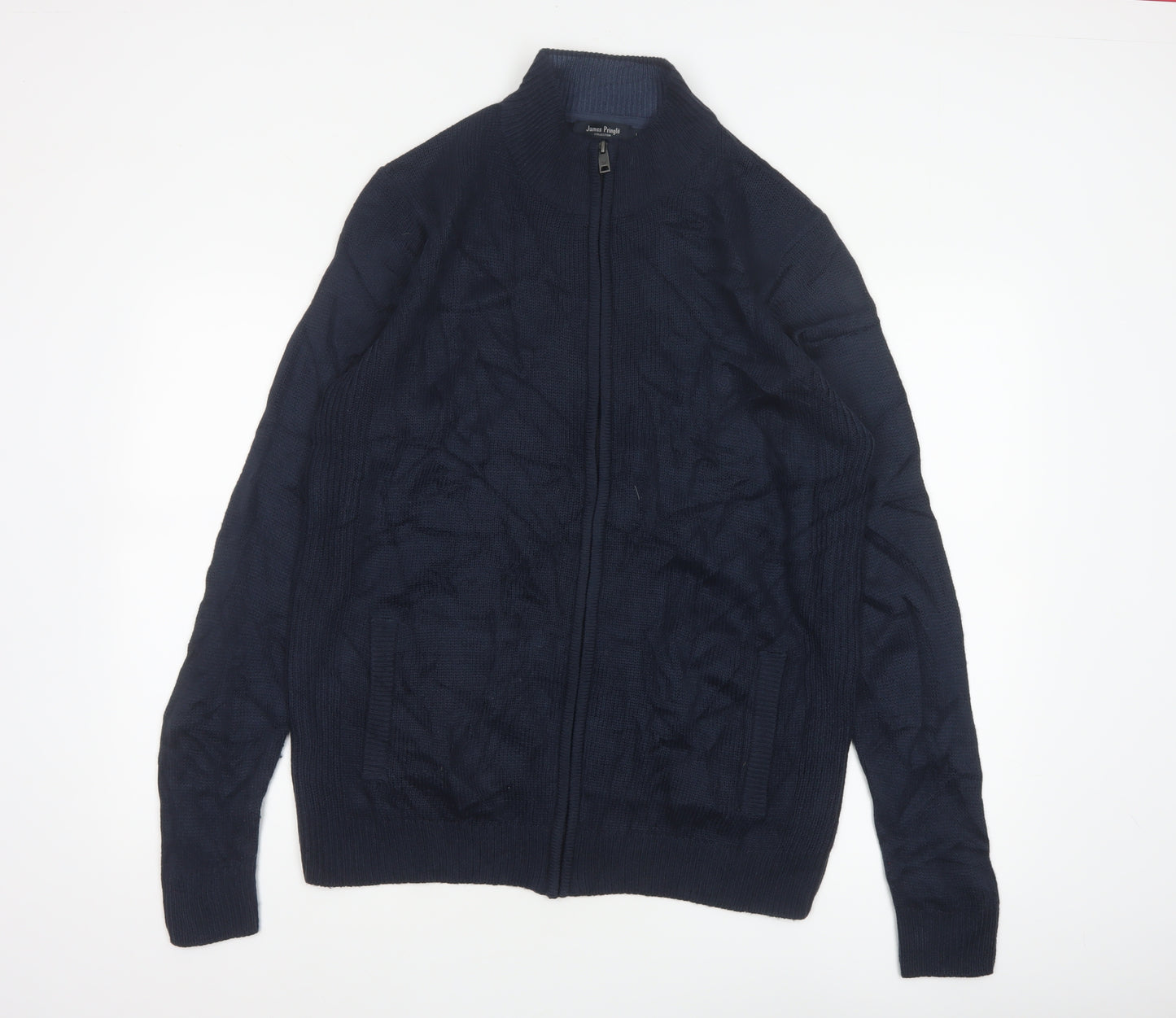 James Pringle Men’s Blue L Full Zip Cable Knit High Neck Jumper