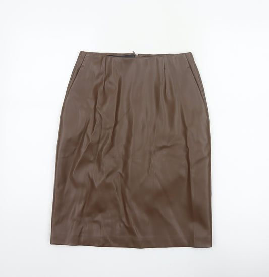 Marks and Spencer Women Brown UK 8 Faux Leather Pencil Knee Skirt