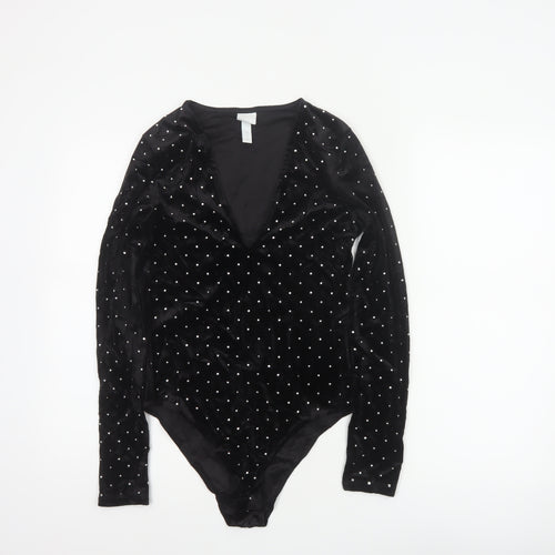 H&M Women Black S Velvet Rhinestone V-Neck Long Sleeve Bodysuit