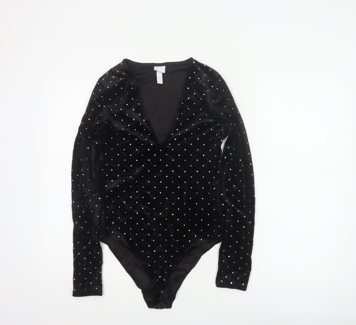 H&M Women Black S Velvet Rhinestone V-Neck Long Sleeve Bodysuit
