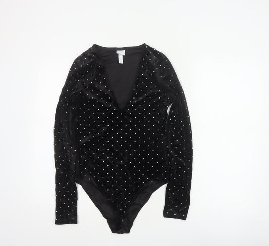 H&M Women Black S Velvet Rhinestone V-Neck Long Sleeve Bodysuit