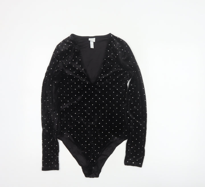 H&M Women Black S Velvet Rhinestone V-Neck Long Sleeve Bodysuit
