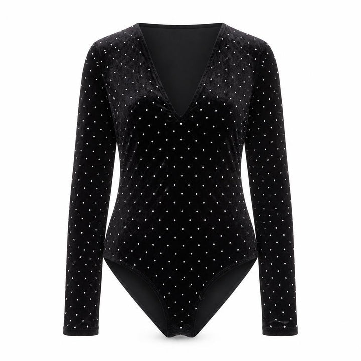 H&M Women Black S Velvet Rhinestone V-Neck Long Sleeve Bodysuit