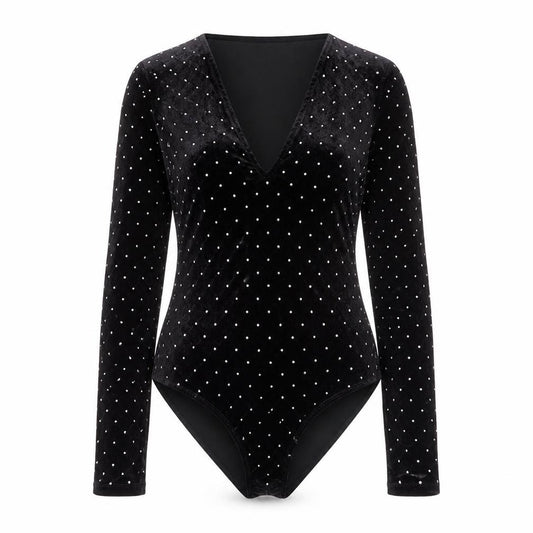 H&M Women Black S Velvet Rhinestone V-Neck Long Sleeve Bodysuit