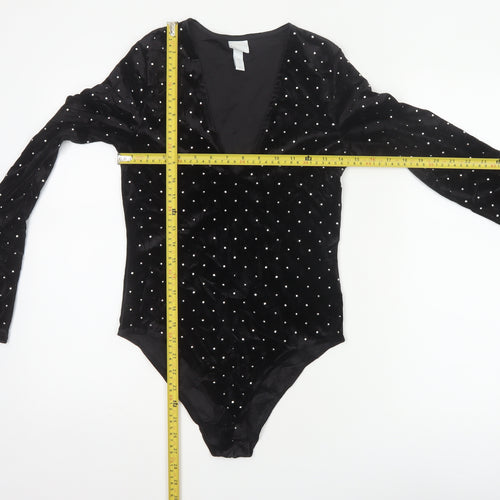 H&M Women Black S Velvet Rhinestone V-Neck Long Sleeve Bodysuit