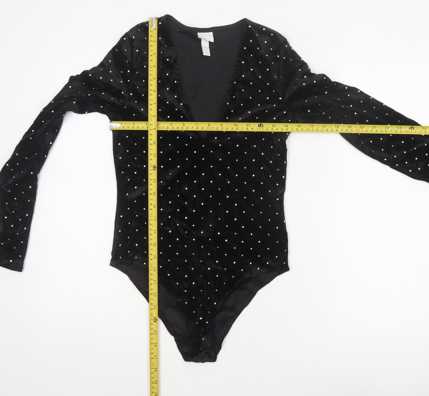 H&M Women Black S Velvet Rhinestone V-Neck Long Sleeve Bodysuit