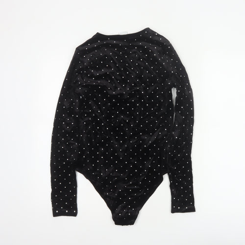 H&M Women Black S Velvet Rhinestone V-Neck Long Sleeve Bodysuit