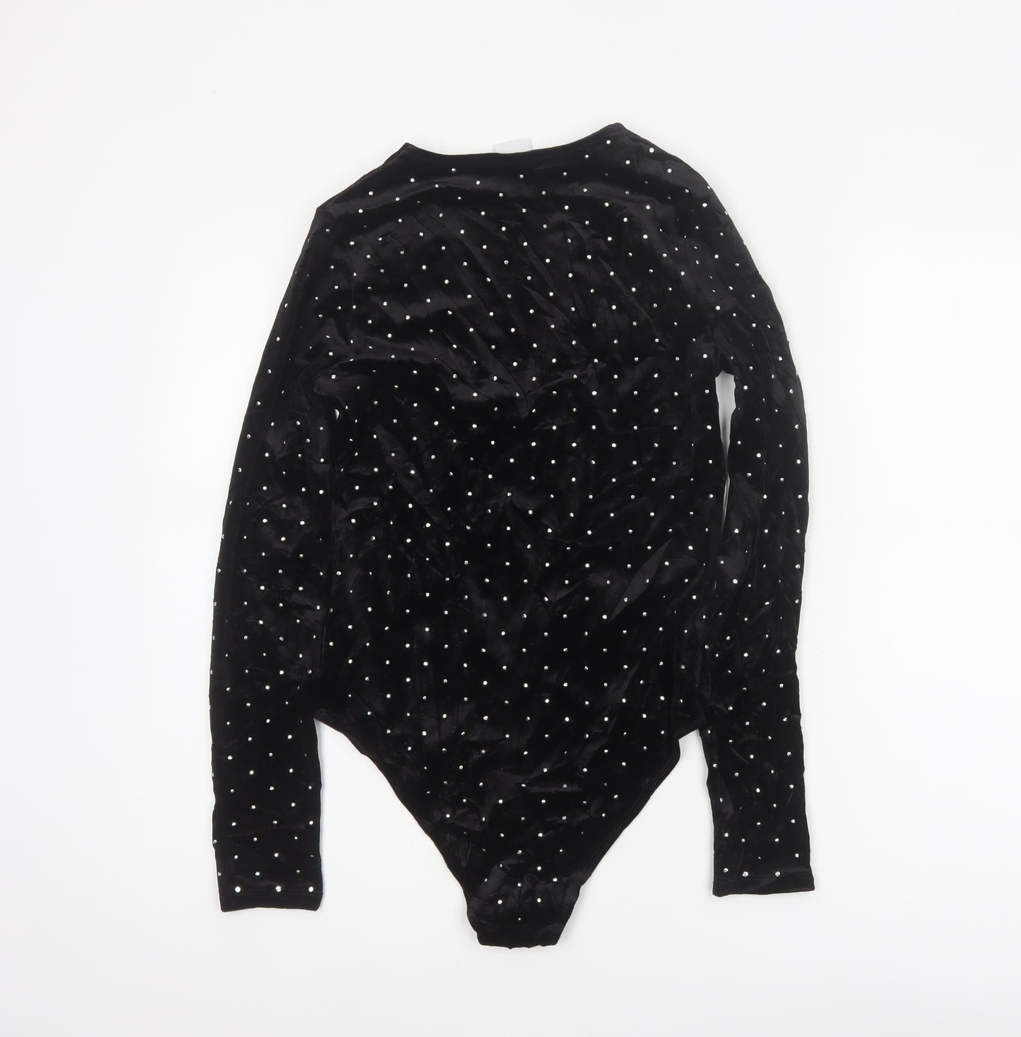 H&M Women Black S Velvet Rhinestone V-Neck Long Sleeve Bodysuit