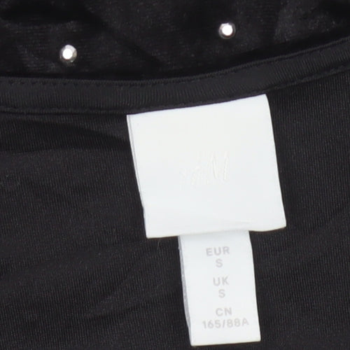 H&M Women Black S Velvet Rhinestone V-Neck Long Sleeve Bodysuit