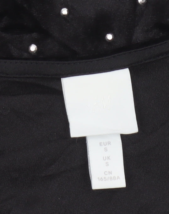 H&M Women Black S Velvet Rhinestone V-Neck Long Sleeve Bodysuit