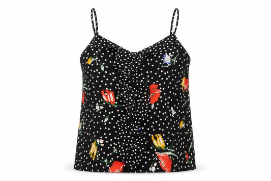 Oasis Women Black UK 12 Floral Polka Dot Ruffle Camisole Tank Top