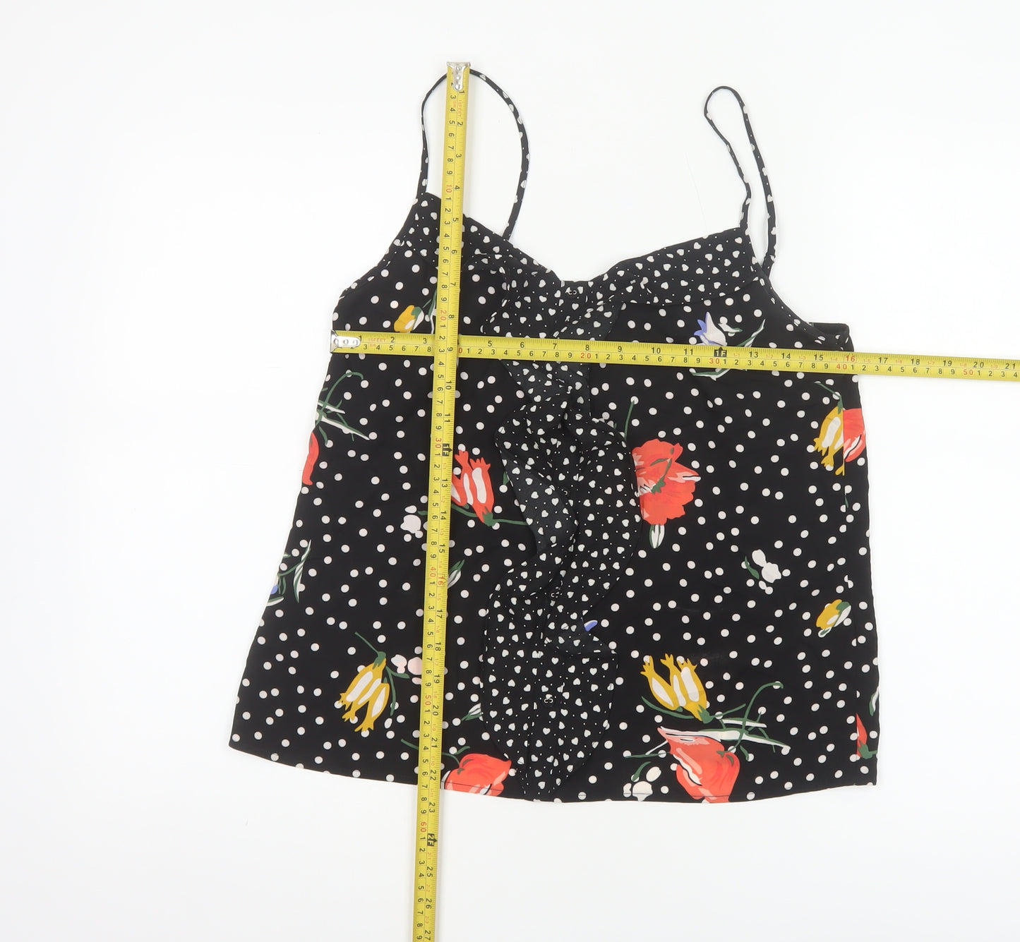 Oasis Women Black UK 12 Floral Polka Dot Ruffle Camisole Tank Top