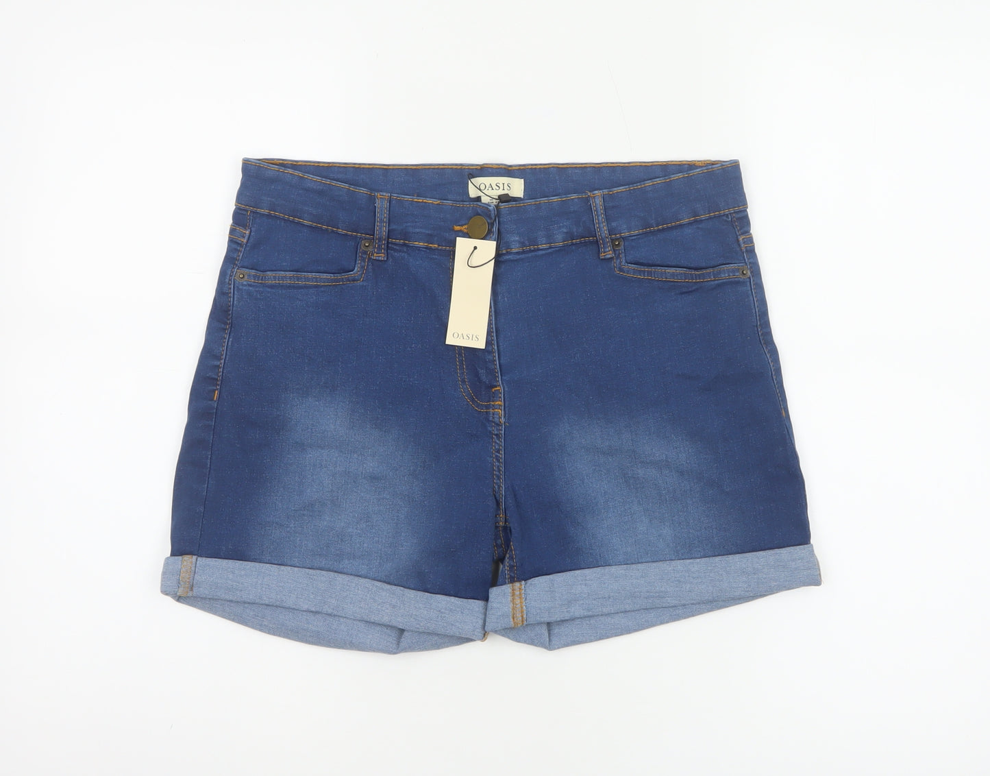 Oasis Women’s Blue Denim Cuffed Shorts UK 14 Stretch High Waist