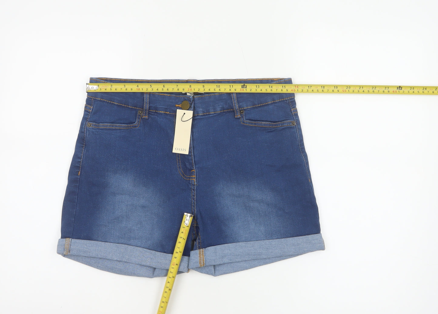 Oasis Women’s Blue Denim Cuffed Shorts UK 14 Stretch High Waist