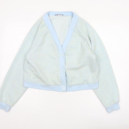 Zara Women Blue Ivory Check Knit V-Neck Button Cardigan Size M