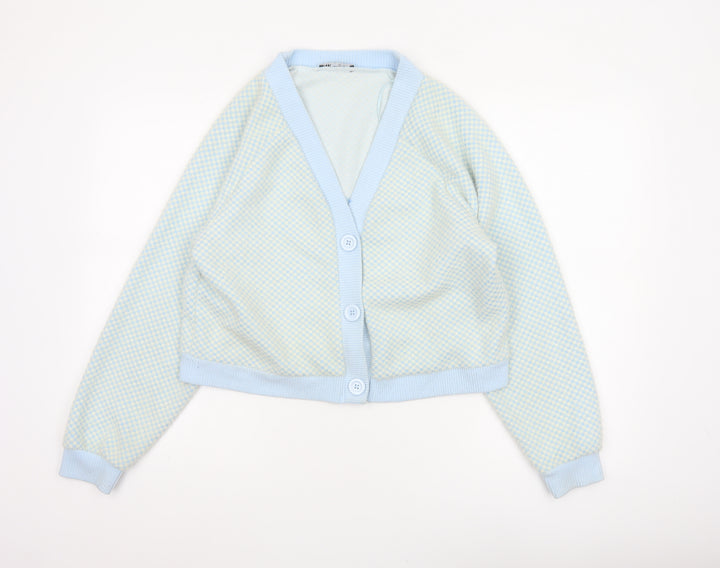 Zara Women Blue Ivory Check Knit V-Neck Button Cardigan Size M