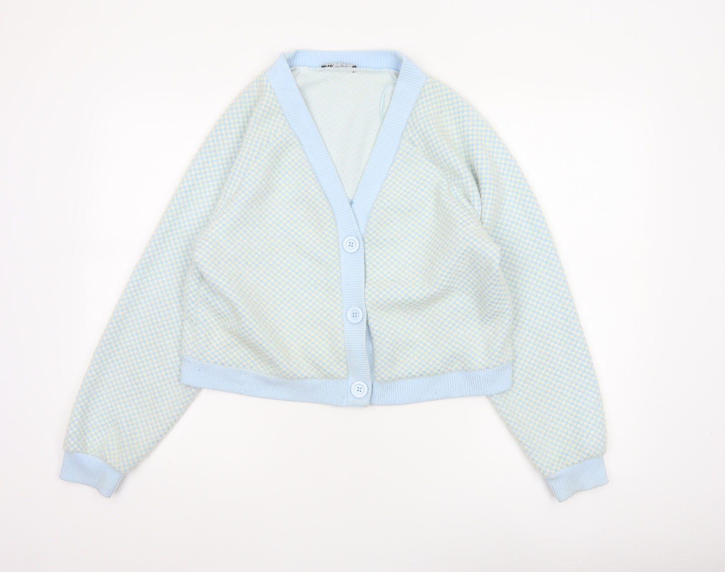 Zara Women Blue Ivory Check Knit V-Neck Button Cardigan Size M