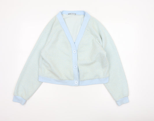 Zara Women Blue Ivory Check Knit V-Neck Button Cardigan Size M