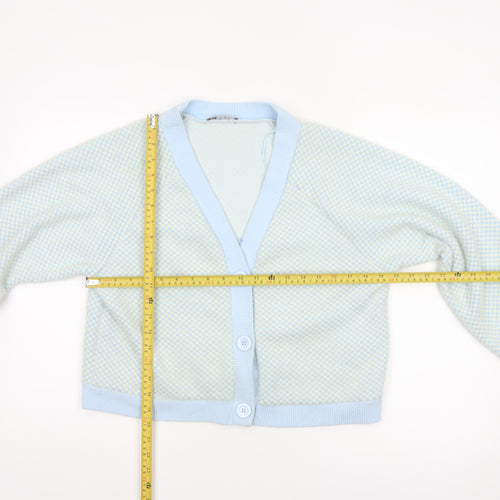 Zara Women Blue Ivory Check Knit V-Neck Button Cardigan Size M