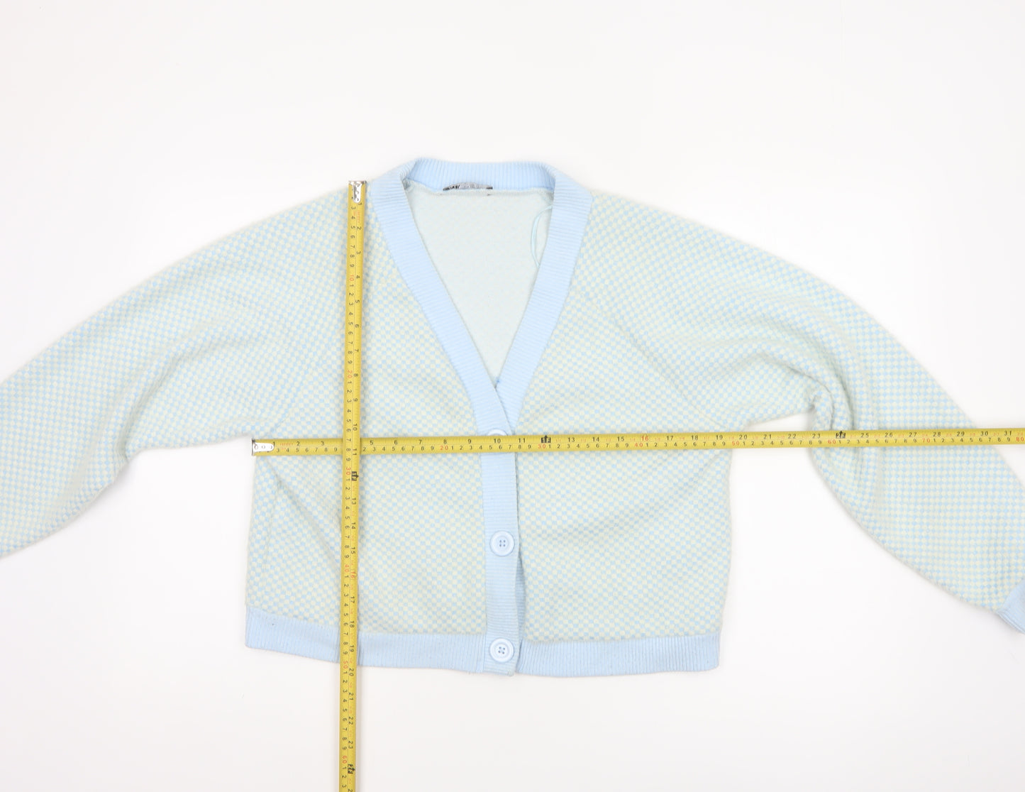 Zara Women Blue Ivory Check Knit V-Neck Button Cardigan Size M