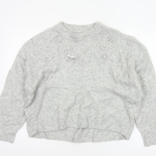 H&M Women Grey UK 8 Star Embellished Crew Neck Knit Jumper