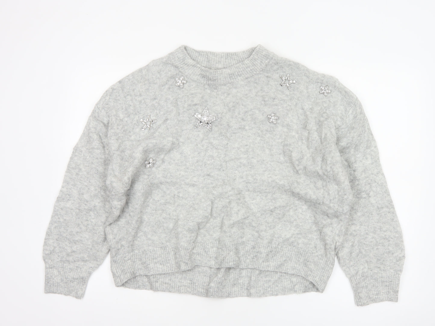 H&M Women Grey UK 8 Star Embellished Crew Neck Knit Jumper