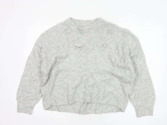 H&M Women Grey UK 8 Star Embellished Crew Neck Knit Jumper