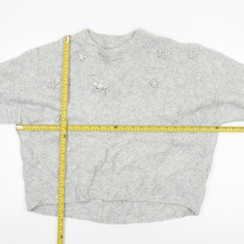 H&M Women Grey UK 8 Star Embellished Crew Neck Knit Jumper