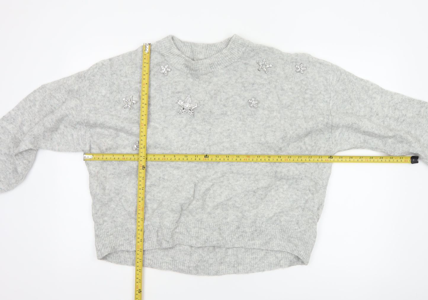 H&M Women Grey UK 8 Star Embellished Crew Neck Knit Jumper