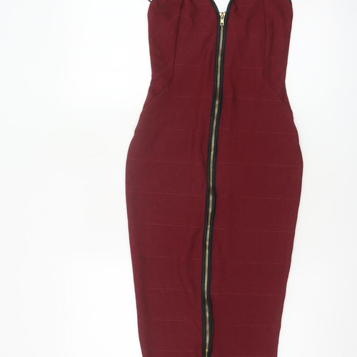 Boohoo Women Red Bodycon Midi Dress UK 6 Strappy Zip Party