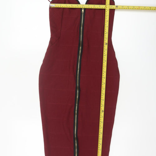 Boohoo Women Red Bodycon Midi Dress UK 6 Strappy Zip Party