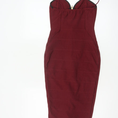 Boohoo Women Red Bodycon Midi Dress UK 6 Strappy Zip Party