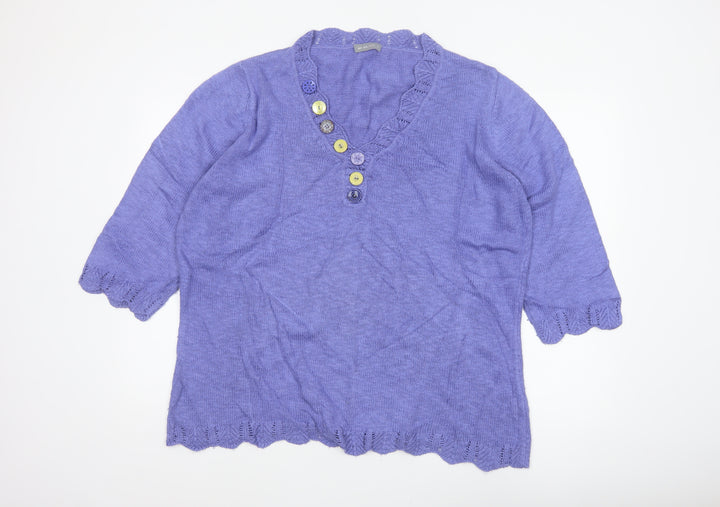 Per Una Women Purple XL Linen Blend Henley Jumper 3/4 Sleeve