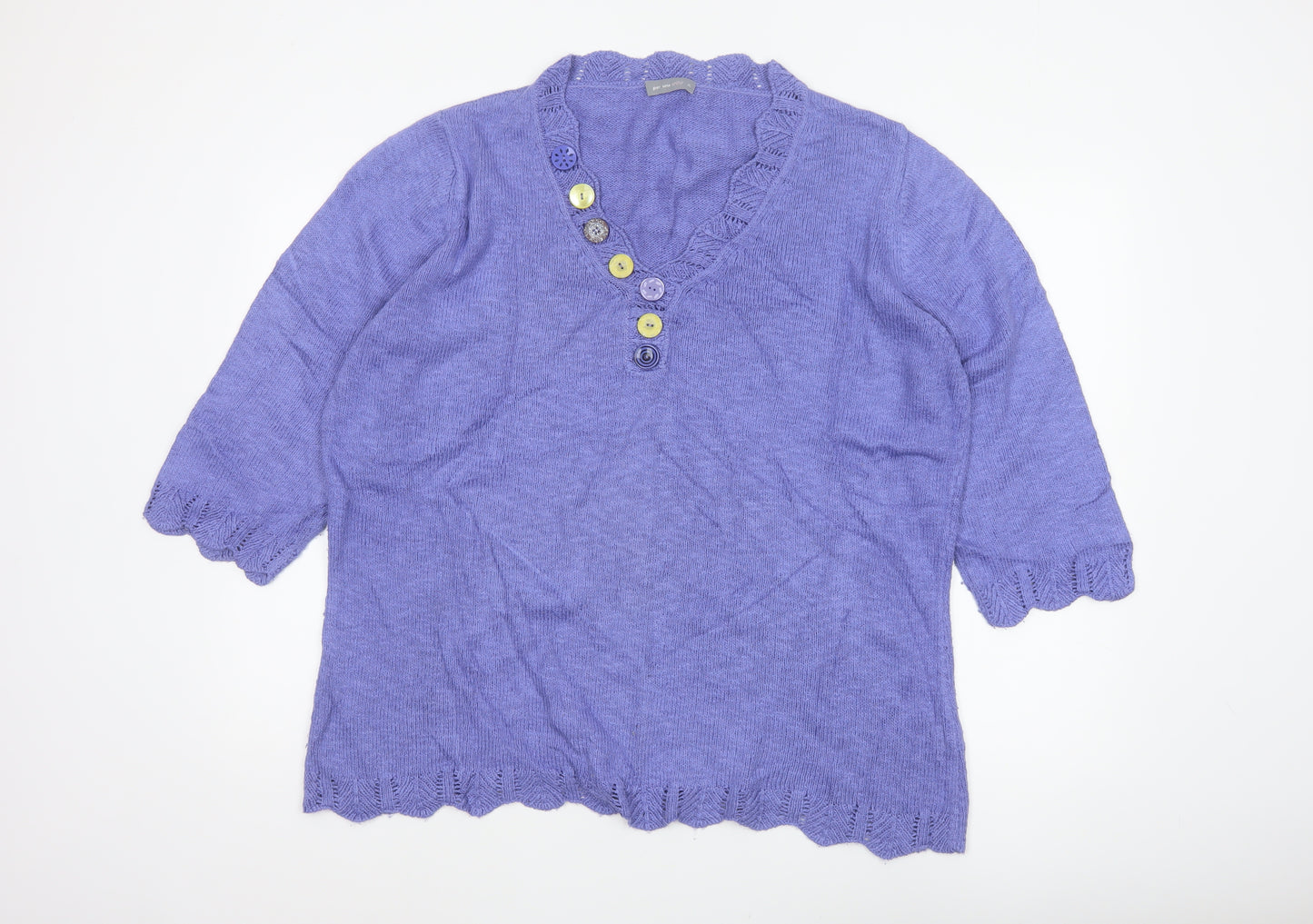 Per Una Women Purple XL Linen Blend Henley Jumper 3/4 Sleeve