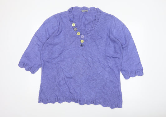 Per Una Women Purple XL Linen Blend Henley Jumper 3/4 Sleeve