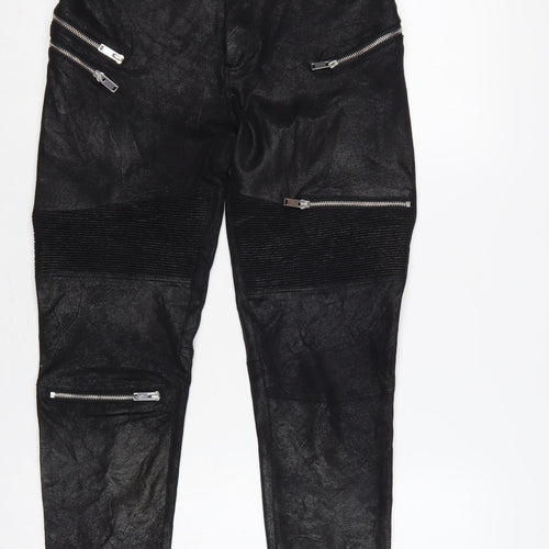 Zara Women Black Faux Leather Biker Skinny Trousers UK 12 Zip