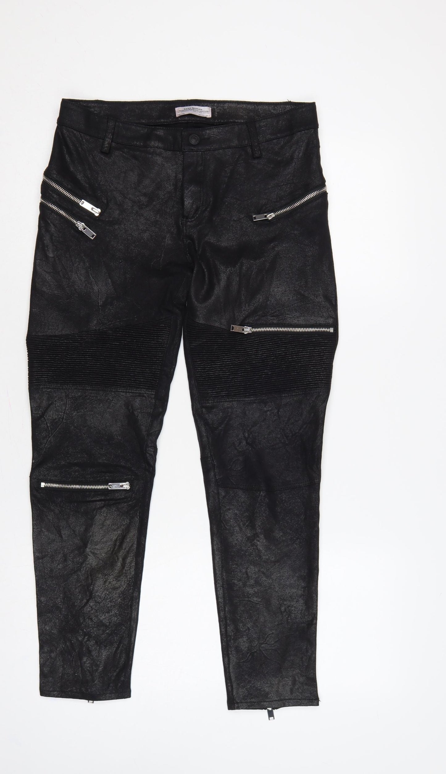 Zara Women Black Faux Leather Biker Skinny Trousers UK 12 Zip