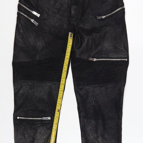 Zara Women Black Faux Leather Biker Skinny Trousers UK 12 Zip