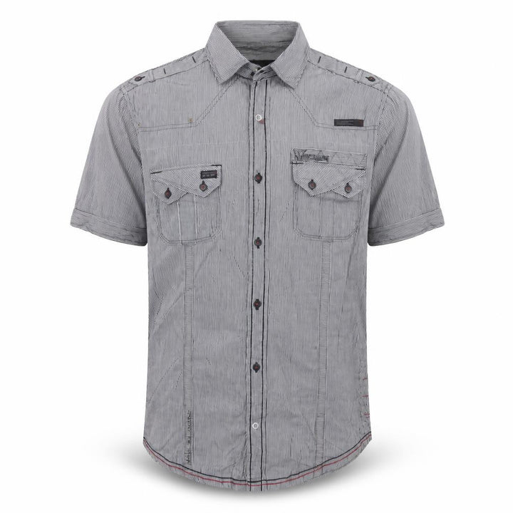 Next Men's Grey M Slim Fit Striped Military Pocket Short Sleeve Shirt