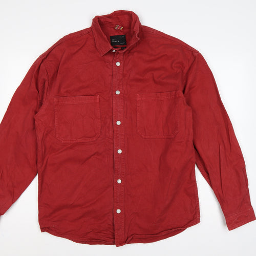 Zara Man Men's Red M Relaxed Fit Cotton Twill Button Shirt Jacket